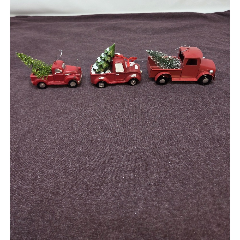 Set of 3 Red Truck Christmas Tree Ornaments Farmhouse Rustic Decor Resin Metal